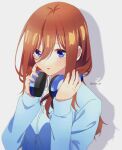  1girl absurdres bangs blue_cardigan blue_eyes brown_hair cardigan collared_shirt go-toubun_no_hanayome hair_between_eyes headphones headphones_around_neck highres long_hair long_sleeves looking_at_viewer nakano_miku open_mouth popopo_84 shadow shiny shiny_hair shirt solo straight_hair twitter_username upper_body white_shirt wing_collar 