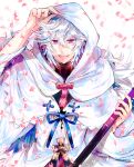  1boy bangs bishounen commentary_request falling_petals fate/grand_order fate_(series) flower flower_knot hair_between_eyes hair_ornament high_collar holding holding_staff hood hood_up hooded_robe long_hair long_sleeves looking_at_viewer male_focus merlin_(fate) open_mouth petals pink_flower ribbon robe simple_background smile solo staff tagada teeth upper_body upper_teeth very_long_hair violet_eyes white_background white_hair white_robe 