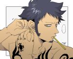  ... 1boy adjusting_earrings artist_name black_hair closed_mouth earrings facial_hair hands_up highres hoop_earrings jewelry male_focus multiple_earrings one_piece simple_background solo speech_bubble tattoo tbt toothbrush toothbrush_in_mouth topless_male trafalgar_law yellow_eyes 