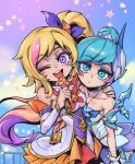  2girls :d bangs bare_shoulders blue_background blue_choker breasts choker collarbone detached_sleeves dress expressionless green_eyes hair_bun holding holding_wand league_of_legends medium_breasts multicolored_background multiple_girls one_eye_closed orange_skirt orianna_(league_of_legends) outdoors phantom_ix_row pink_background pink_eyes pleated_skirt railing seraphine_(league_of_legends) shiny shiny_hair skirt smile star_guardian_(league_of_legends) star_guardian_orianna star_guardian_seraphine wand white_dress 