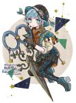  1boy androgynous bloomminority blue_eyes blue_hair constellation fantasy full_body gloves grey_background hat highres long_sleeves looking_at_viewer male_focus multicolored_background original parted_lips scissors solo star_(symbol) white_background 