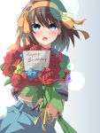  1girl :o belt blue_belt blue_eyes blue_flower blue_rose blue_sailor_collar blue_skirt blush bouquet brown_hair commentary_request cowboy_shot english_text flower gradient gradient_background hair_between_eyes hair_ribbon hairband happy_birthday highres holding holding_bouquet kita_high_school_uniform leaf looking_at_viewer medium_hair open_mouth rai_iceblast red_armband red_flower red_rose ribbon rose sailor_collar sailor_shirt school_uniform shirt short_sleeves simple_background skirt solo suzumiya_haruhi suzumiya_haruhi_no_yuuutsu yellow_flower yellow_hairband yellow_ribbon yellow_rose 