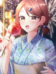  1girl :o aerial_fireworks bangs blue_kimono blurry blurry_background blush brown_eyes brown_hair candy_apple cellphone clip_studio_paint_(medium) commentary_request depth_of_field fireworks floral_print food hair_bobbles hair_ornament hairclip hands_up holding holding_food holding_phone japanese_clothes kimono lantern long_hair low_twintails misaki_(misaki86) obi open_mouth original parted_bangs phone print_kimono red_lips sash solo teeth twintails upper_body upper_teeth 