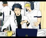  3boys black_hair black_shirt bookshelf brown_hair calendar_(object) coat computer covered_eyes cup doctor facial_hair hat highres indoors labcoat laptop male_focus multiple_boys one_piece open_clothes open_coat penguin_(one_piece) pointing shachi_(one_piece) shirt short_sleeves sleeves_rolled_up stethoscope talking tbt trafalgar_law watch white_coat yellow_eyes 