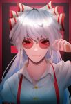  1girl absurdres bow buttons closed_mouth collarbone commentary eyebrows_hidden_by_hair fujiwara_no_mokou glasses hair_between_eyes hair_bow hand_up highres long_hair looking_at_viewer portrait red_eyes shirt smile solo suspenders tinted_eyewear touhou v-shaped_eyebrows very_long_hair white_bow white_hair white_shirt yellow-framed_eyewear yuhel 
