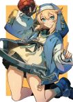 1girl androgyne_symbol aqua_eyes arm_up bangs bike_shorts black_skirt blonde_hair blue_footwear blue_hoodie border bridget_(guilty_gear) closed_mouth commentary_request cross cuffs drawstring dress fingerless_gloves gloves guilty_gear guilty_gear_strive hair_between_eyes handcuffs highres holding hood hood_up hoodie index_finger_raised kneeling kuroi_susumu long_hair looking_at_viewer miniskirt open_clothes open_hoodie orange_background partial_commentary pleated_dress pleated_skirt shirt shoes sidelocks simple_background skirt smile solo thigh_gap transgender white_border white_shirt yo-yo