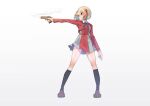  1girl absurdres blonde_hair brown_footwear closed_mouth dress full_body gradient gradient_background grey_background gun handgun highres holding holding_gun holding_weapon loafers long_sleeves lycoris_recoil nishikigi_chisato red_dress red_eyes ringobatake shoes short_hair smile socks solo standing thighs two-tone_dress uniform weapon 