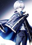  1boy black_pants blue_background blue_eyes cape closed_mouth cross cross_earrings earrings facing_viewer gradient gradient_background grey_hair highres jewelry kazunehaka long_sleeves looking_to_the_side male_focus original pants shirt solo white_background white_hair white_shirt 