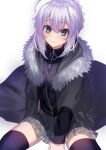  1girl ahoge bangs black_thighhighs blush braid closed_mouth commentary_request fate/grand_order fate_(series) french_braid fur-trimmed_jacket fur_trim gray_(fate) green_eyes green_skirt grey_hair grey_jacket hair_between_eyes highres hood hood_down jacket long_sleeves looking_at_viewer lord_el-melloi_ii_case_files miniskirt neko_daruma open_clothes open_jacket plaid plaid_skirt short_hair sidelocks simple_background sitting skirt smile solo thigh-highs white_background 
