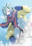  1boy absurdres aqua_eyes aqua_hair blue_mittens bright_pupils commentary_request day floating_scarf grusha_(pokemon) hand_up highres holding jacket long_hair long_sleeves male_focus mittens mochitaro_(mothitaroo) open_clothes open_jacket outdoors pants pokemon pokemon_(game) pokemon_sv scarf scarf_over_mouth sky snowboard snowboarding solo white_pupils yellow_jacket 