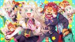  +_+ 1boy 1girl ? angel animal_ears bag blonde_hair blue_background blush bow clothes clothes_hanger collared_shirt fangs fangs_out frilled_gloves frills furry furry_male gabriel_(housamo) gloves gradient gradient_background gradient_hair green_background green_eyes halo heart large_pectorals long_hair looking_at_another multicolored_hair multiple_views muscular muscular_male nomad_(housamo) official_art open_mouth pectorals polka_dot polka_dot_background red_eyes red_scarf redhead ribbon scarf shirt shopping_bag short_hair sidelocks smile sparkle star_(symbol) sumi_wo_hakuneko sweatdrop tail tiger_boy tiger_ears tiger_stripes tiger_tail tokyo_afterschool_summoners whiskers white_gloves yawning 