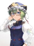  1girl absurdres asuka46 blue_eyes blue_headwear chinese_clothes commentary frilled_hat frilled_sleeves frills glasses green_hair hat highres juliet_sleeves long_sleeves looking_at_viewer puffy_sleeves shiki_eiki short_hair simple_background solo touhou vest white_background 