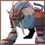  absurdres armor border brown_border digimon digimon_(creature) dinotigermon green_eyes helmet highres kaiju_(konokaijuda) looking_at_viewer no_humans sharp_teeth standing tail teeth white_background 