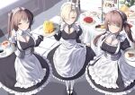  3girls :o absurdres apron aqua_eyes azur_lane bangs black_dress black_footwear blonde_hair brown_hair cake cheesecake chocolate_cake cien_(shikanokuni) closed_mouth commentary_request cup detached_sleeves dress food frilled_apron frills fruit glasgow_(azur_lane) hair_over_one_eye highres holding holding_tray indoors juliet_sleeves long_skirt long_sleeves looking_at_viewer maid maid_apron maid_headdress multiple_girls newcastle_(azur_lane) pastry petticoat puffy_long_sleeves puffy_short_sleeves puffy_sleeves saucer sheffield_(azur_lane) short_sleeves skirt smile strawberry strawberry_shortcake swept_bangs swiss_roll tart_(food) tea teacup teapot thigh-highs tray white_apron white_thighhighs window yellow_eyes 