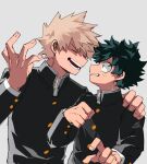  2boys bakugou_katsuki black_jacket blonde_hair boku_no_hero_academia buttons closed_eyes commentary_request freckles gakuran green_eyes green_hair grey_background hand_on_another&#039;s_shoulder hand_up highres jacket kai2_ly long_sleeves looking_at_another male_focus midoriya_izuku multiple_boys open_mouth school_uniform short_hair simple_background spiky_hair tears upper_body 