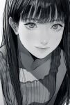  1girl bangs blunt_bangs close-up closed_mouth dress eye_focus greyscale highres leaning_forward long_hair looking_at_viewer monochrome original portrait smile solo tsunko_(9v2_q) 