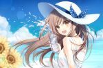  1girl :d bangs blue_bow blue_ribbon blue_sky blurry blurry_background bottle bow brown_eyes brown_hair clouds dress floating_hair flower hair_between_eyes hat hat_bow hat_ribbon highres holding holding_bottle long_hair maya_(tirolpop) ocean open_mouth original outdoors polka_dot polka_dot_bow ribbon sky sleeveless sleeveless_dress smile solo summer sun_hat sundress sunflower upper_body very_long_hair white_dress white_headwear yellow_flower 