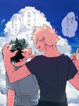 2boys absurdres bakugou_katsuki black_shirt blue_shirt boku_no_hero_academia closed_eyes clouds commentary_request day freckles from_behind green_hair hand_on_another&#039;s_head highres holding kai2_ly long_hair looking_at_another male_focus midoriya_izuku multiple_boys object_request open_mouth outdoors red_eyes shirt short_hair short_sleeves speech_bubble spiky_hair standing translation_request upper_body 