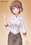 1girl alternate_costume anti_(untea9) apron breasts brown_gloves brown_hair buttons chef chef_uniform collared_shirt cowboy_shot double-breasted flipped_hair gloves gradient gradient_background grey_eyes hair_between_eyes hiei_(kancolle) highres kantai_collection long_hair looking_at_viewer medium_breasts open_mouth shirt short_hair smile solo waist_apron 