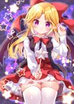  1girl absurdres bat_wings black_vest black_wings blonde_hair blush bow bowtie breasts closed_mouth commentary_request elis_(touhou) hair_bow head_tilt highres holding holding_wand long_hair long_sleeves medium_breasts miniskirt open_clothes open_vest red_bow red_bowtie red_skirt shirt skirt solo star_(symbol) star_wand thick_thighs thigh-highs thighs touhou touhou_(pc-98) very_long_hair vest violet_eyes wand white_shirt white_thighhighs wings yurufuwa_milk 