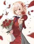 1girl :d absurdres ayloss belt black_ribbon blonde_hair blue_ribbon blurry blush bouquet breasts bug butterfly depth_of_field dress english_commentary falling_petals floating_hair flower grey_dress hair_ribbon highres holding holding_bouquet holding_flower lycoris_recoil neck_ribbon nishikigi_chisato one_side_up open_mouth outstretched_arm petals red_belt red_dress red_eyes red_flower red_ribbon red_rose ribbon rose rose_petals short_hair simple_background smile solo spider_lily two-tone_dress uniform white_background wing_collar 