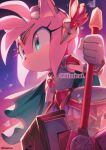  1girl amy_rose animal_nose armor armored_dress blue_eyes cape closed_mouth commentary_request furry furry_female gloves hair_ornament hammer holding holding_hammer holding_weapon iiimirai paladin skirt solo sonic_(series) twitter_username weapon white_gloves 