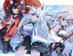  3girls animal_ear_fluff animal_ears bangs black_hair black_skirt blurry blurry_background braid breasts cherry_blossoms commentary_request double_bun fox_ears fox_girl fox_mask green_eyes hair_between_eyes hair_bun hair_ornament hair_ribbon hairclip highres holding holding_sword holding_umbrella holding_weapon hololive horns karma_(nakiri_ayame) katana long_hair looking_at_viewer mask mask_on_head medium_breasts multicolored_hair multiple_girls nakiri_ayame obi oil-paper_umbrella oni_horns ookami_mio petals red_eyes redhead ribbon sash shirakami_fubuki shiranui_(nakiri_ayame) shirt sidelocks single_braid skirt small_breasts soma443 streaked_hair sword umbrella weapon white_hair white_shirt wolf_ears wolf_girl yellow_eyes 