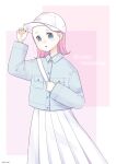  1girl :o animal_crossing baseball_cap blue_eyes blush collared_shirt copyright_name go-on hand_on_headwear hand_up hat highres holding_strap long_sleeves looking_at_viewer medium_hair open_mouth original pink_hair pleated_skirt shirt skirt solo 