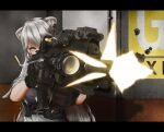  1girl absurdres ahoge aiming animal_ears assault_rifle bangs black_gloves buttons commentary denim dog_tags ear_piercing eotech firing foregrip gloves grey_eyes grey_hair grey_shirt gun h&amp;k_hk416 hair_between_eyes highres holding holding_weapon hololive jeans lion_ears lion_girl long_hair pants piercing rifle shell_casing shirt shishiro_botan sleeves_rolled_up solo tomii_(tomii_comet) unbuttoned unbuttoned_shirt unbuttoned_sleeves upper_body virtual_youtuber weapon white_shirt 