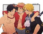  3boys ;) ^_^ arm_over_shoulder artist_name ascot bead_necklace beads black_coat black_hair blonde_hair brothers closed_eyes coat eyewear_around_neck grin hand_on_another&#039;s_head hat highres industrial_pipe jabot jewelry long_sleeves male_focus monkey_d._luffy multiple_boys necklace one_eye_closed one_piece open_clothes open_shirt portgas_d._ace sabo_(one_piece) scar scar_on_chest scar_on_face short_hair siblings smile straw_hat tbt topless_male 