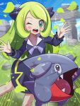  1girl :o blonde_hair blue_ribbon blush child collarbone cynthia_(pokemon) gible grass hair_ribbon hands_up highres inana_umi neck_ribbon one_eye_closed open_mouth pokemon pokemon_(anime) pokemon_(creature) pokemon_journeys ribbon rock sweat teeth tongue younger 