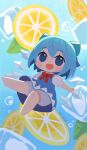  1girl bangs bloomers blue_background blue_bow blue_eyes blue_hair bow bowtie bubble chibi cirno food fruit full_body hair_bow highres ice ice_cube ice_wings lemon lemon_slice looking_at_viewer nikuq-patata open_mouth red_bow red_bowtie short_hair short_sleeves solo touhou underwear wings 