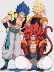  3boys abs baggy_pants bangs biceps blonde_hair blue_eyes blue_hair closed_mouth commentary_request dragon_ball dragon_ball_gt dragon_ball_super gogeta grey_background grin halo hands_on_hips highres large_pectorals looking_at_viewer metamoran_vest monkey_boy monkey_tail multiple_boys muscular muscular_male pants pectorals redhead sash sideways_glance simple_background sitting smile spiky_hair standing super_saiyan super_saiyan_4 tail tsuki_0960 twitter_username vegetto wrist_cuffs 