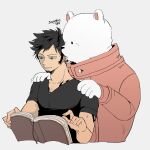  1boy animal artist_name bear bepo black_hair black_shirt book earrings facial_hair grey_background hands_on_another&#039;s_shoulders hands_up highres holding holding_book jewelry long_sleeves looking_at_another male_focus one_piece polar_bear reading shirt short_hair short_sleeves simple_background smile tbt trafalgar_law 