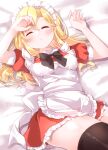  1girl absurdres apron bed_sheet black_thighhighs blonde_hair bow bowtie closed_eyes commentary_request dress frilled_apron frilled_dress frills highres long_hair lying maid_apron medium_hair on_back puffy_short_sleeves puffy_sleeves red_dress short_sleeves sleeping solo thigh-highs thighs touhou touhou_(pc-98) waist_bow white_apron yumeko_(touhou) yurufuwa_milk 