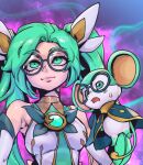  1girl animal bare_shoulders blush bow breasts cape commentary_request detached_sleeves dress flying gem glasses green_bow green_cape green_dress green_eyes green_hair hair_ornament large_breasts league_of_legends long_hair mouse multicolored_background official_alternate_costume open_mouth phantom_ix_row round_eyewear short_hair sona_(league_of_legends) star_guardian_pet star_guardian_sona sweatdrop twintails white_dress 