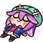  1girl bangs blush chibi chroneco chroneco_(vtuber) closed_eyes closed_mouth full_body green_headwear hair_between_eyes hat indie_virtual_youtuber lowres lying on_back purple_hair solo tentacle_hair transparent_background 