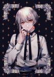  1boy androgynous asymmetry blue_background formal gem grey_hair head_tilt long_sleeves male_focus multicolored_background neck_ribbon original red_eyes ribbon shirt solo suspenders umeno_shii white_shirt yellow_background 