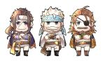  3boys beard brown_hair chibi crossed_arms eugen_(granblue_fantasy) eyepatch facial_hair full_body granblue_fantasy green_eyes hachimaki headband jacket jacket_on_shoulders jin_(granblue_fantasy) long_hair looking_at_viewer male_focus mature_male medium_hair midriff_peek multiple_boys mustache norazo ponytail scar scar_on_face scar_on_forehead scar_on_leg smile soriz spiky_hair straight-on white_hair 