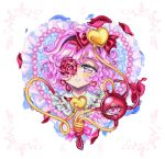  1girl black_hairband bow buttons commentary curly_hair eyelashes frilled_shirt_collar frills hair_bow hair_ornament hairband heart heart_button heart_hair_ornament kirame_kirai komeiji_satori lips medium_hair one_eye_covered parted_lips petals pink_eyes pink_hair portrait red_bow ribbon_trim rose_petals solo sparkle sparkling_eyes third_eye thorns touhou water_drop 