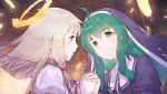  2girls ahoge angel_wings blonde_hair blue_eyes blurry blurry_background braid brick_wall collar commentary_request feathered_wings feathers gabriel_(housamo) green_eyes green_hair halo holding_hands long_hair maria_(housamo) multiple_girls nun official_art open_mouth partial_commentary pout puffy_sleeves shiny shiny_hair short_hair sidelocks smile sparkle tokyo_afterschool_summoners veil wings yuri zhuzi 