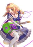  1girl :d \m/ absurdres bangs blonde_hair blunt_bangs commentary dress elbow_gloves electric_guitar english_commentary fender_cyclone garter_straps gloves green_eyes guitar heanna_sumire highres holding holding_instrument instrument knee_up long_hair looking_at_viewer love_live! love_live!_superstar!! medium_dress mixed-language_commentary music nonfiction!!_(love_live!) playing_instrument puffy_short_sleeves puffy_sleeves purple_dress ringlets short_bangs short_sleeves showgirl_skirt simple_background smile solo teeth thigh-highs tiara upper_teeth ushio_ochinashi v-shaped_eyebrows white_background white_gloves white_thighhighs 