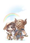  2boys bakura_(granblue_fantasy) beard blue_kimono blue_sky brown_hair chibi draph facial_hair full_body granblue_fantasy hat horns japanese_clothes jin_(granblue_fantasy) kimono long_hair looking_to_the_side male_focus mask mature_male multiple_boys norazo open_mouth rainbow sandals sheath sheathed sidelocks sky smile white_kimono 