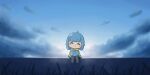  1girl :3 absurdres ahoge blue_hair buibui_(character) chibi closed_eyes clouds cloudy_sky commentary english_commentary grass highres medium_hair mpien original sitting sky smile solo sunrise sweater 