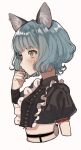 1girl absurdres animal_ear_fluff animal_ears black_bow blue_hair blush bow brown_eyes closed_mouth earrings fingernails frills green_nails grey_background highres jewelry maple_(abc2215) nina_(valis) puffy_sleeves short_hair simple_background skindentation solo valis_(sinsekai) 