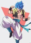  1boy abs bangs black_wristband blue_eyes blue_hair commentary_request dragon_ball dragon_ball_super fighting_stance fingernails fusion highres looking_at_viewer metamoran_vest muscular muscular_male open_mouth sash smug solo spiky_hair standing standing_on_one_leg tsuki_0960 twitter_username vegetto 