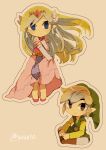  1boy 1girl artist_name back belt blonde_hair blue_eyes blush closed_mouth dress floating_hair gloves jewelry link long_dress long_hair looking_up multicolored_hair necklace open_mouth pink_dress princess_zelda skirt_lift the_legend_of_zelda the_legend_of_zelda:_spirit_tracks the_legend_of_zelda:_the_wind_waker tiara tokuura toon_link toon_zelda 