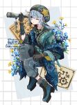  1boy androgynous bloomminority blue_background blue_eyes blush boots fantasy flower full_body highres long_hair long_sleeves low_ponytail male_focus multicolored_background one_eye_closed open_mouth original ponytail solo star_(symbol) telescope white_background white_hair 