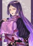  1girl :d bangs breasts cowboy_shot fate/grand_order fate_(series) floral_print highres japanese_clothes large_breasts long_hair mature_female minamoto_no_raikou_(fate) parted_bangs purple_hair smile solo tassel violet_eyes xero 