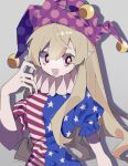  1girl american_flag_dress blonde_hair clownpiece dress fairy fang grey_background hat highres jester_cap long_hair open_mouth pink_headwear pointy_ears polka_dot polka_dot_headwear puffy_short_sleeves puffy_sleeves red_eyes short_sleeves simple_background smile solo star_(symbol) star_print striped striped_dress touhou upper_body xx_asui 